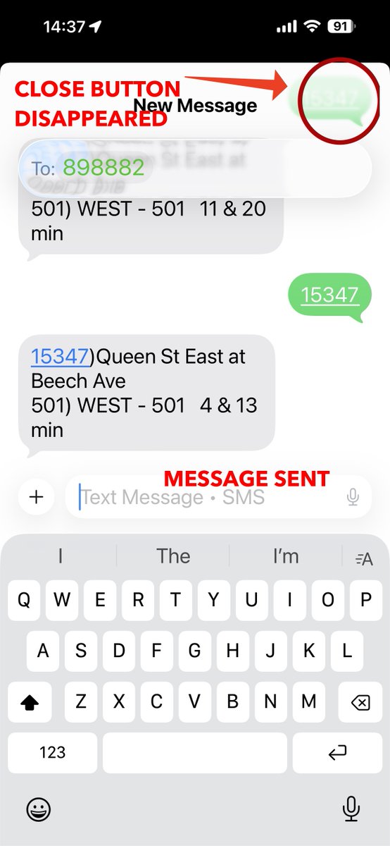 TTCBusMap's tweet photo. There is a strange bug with TTC Bus Map on iOS 26. If you tap on one of the "Text 12345 to 898882" buttons and send the message, the close button at the top right will disappear, preventing you from closing the screen. This didn't happen in iOS 18. I'll investigate. https://t.co/d6bgU4sS06