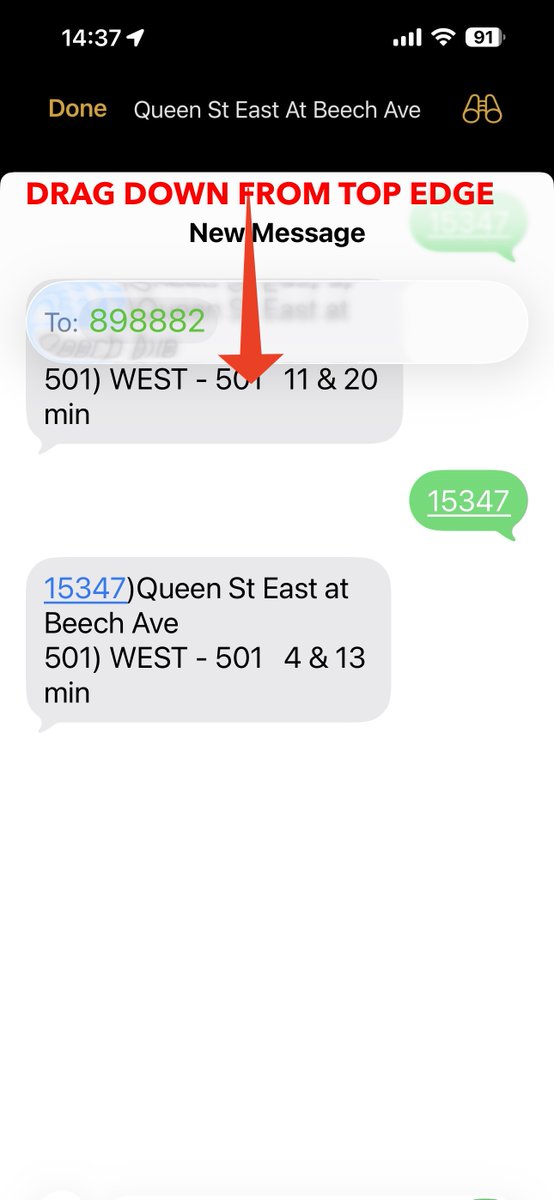 TTCBusMap's tweet photo. There is a strange bug with TTC Bus Map on iOS 26. If you tap on one of the "Text 12345 to 898882" buttons and send the message, the close button at the top right will disappear, preventing you from closing the screen. This didn't happen in iOS 18. I'll investigate. https://t.co/d6bgU4sS06