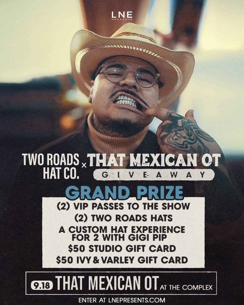 lnepresents's tweet image. VIP GIVEAWAY ALERT🚨

We're teaming up with @ThatMexicanOT_ and Two Roads Hat Co. to giveaway some BIG prizes!

Enter to WIN🔗 arep.co/c/tworoadsxtha…

GOOD LUCK🏆 

Tickets at LNEPresents.com🎫 

#LNE #ThatMexicanOT #ComplexSLC #TwoRoadsHatCo