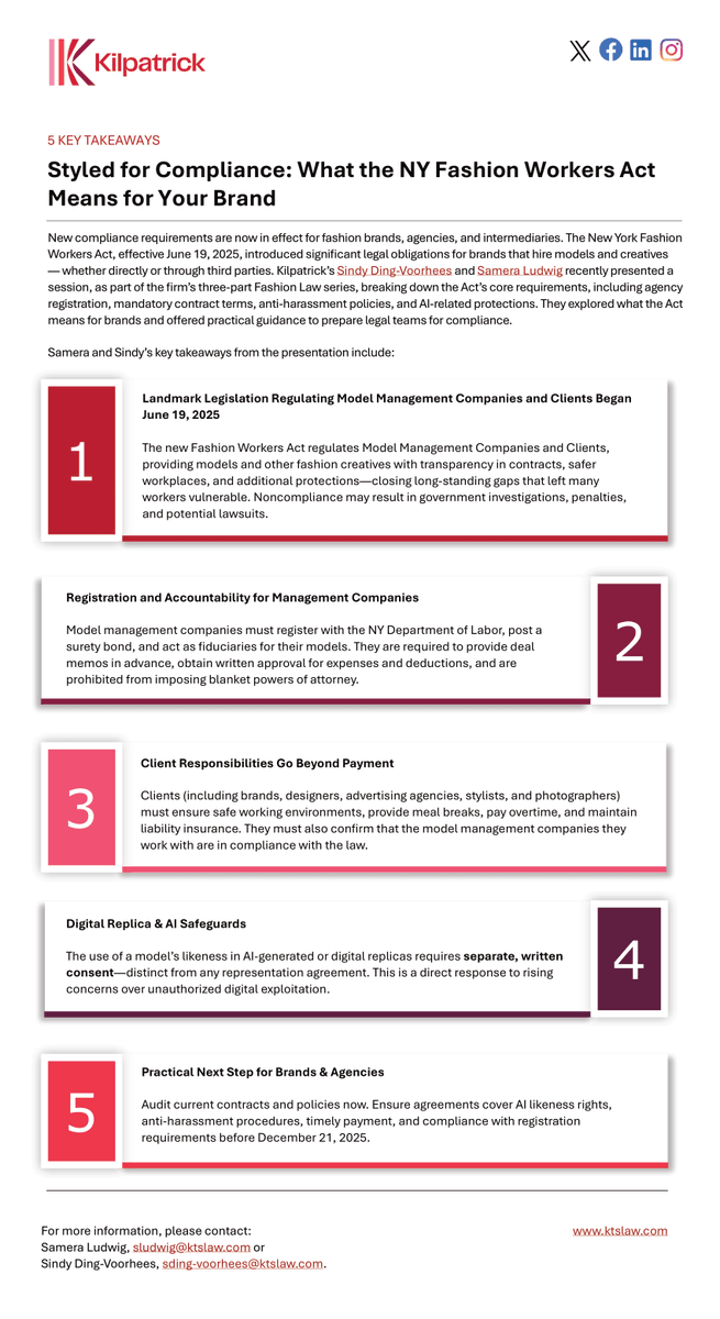 5 Key Takeaways | Styled for Compliance: What the NY Fashion Workers Act Means for Your Brand

Read more from Sindy Ding-Voorhees and Samera Ludwig here: ktslaw.com/en/insights/pe…
