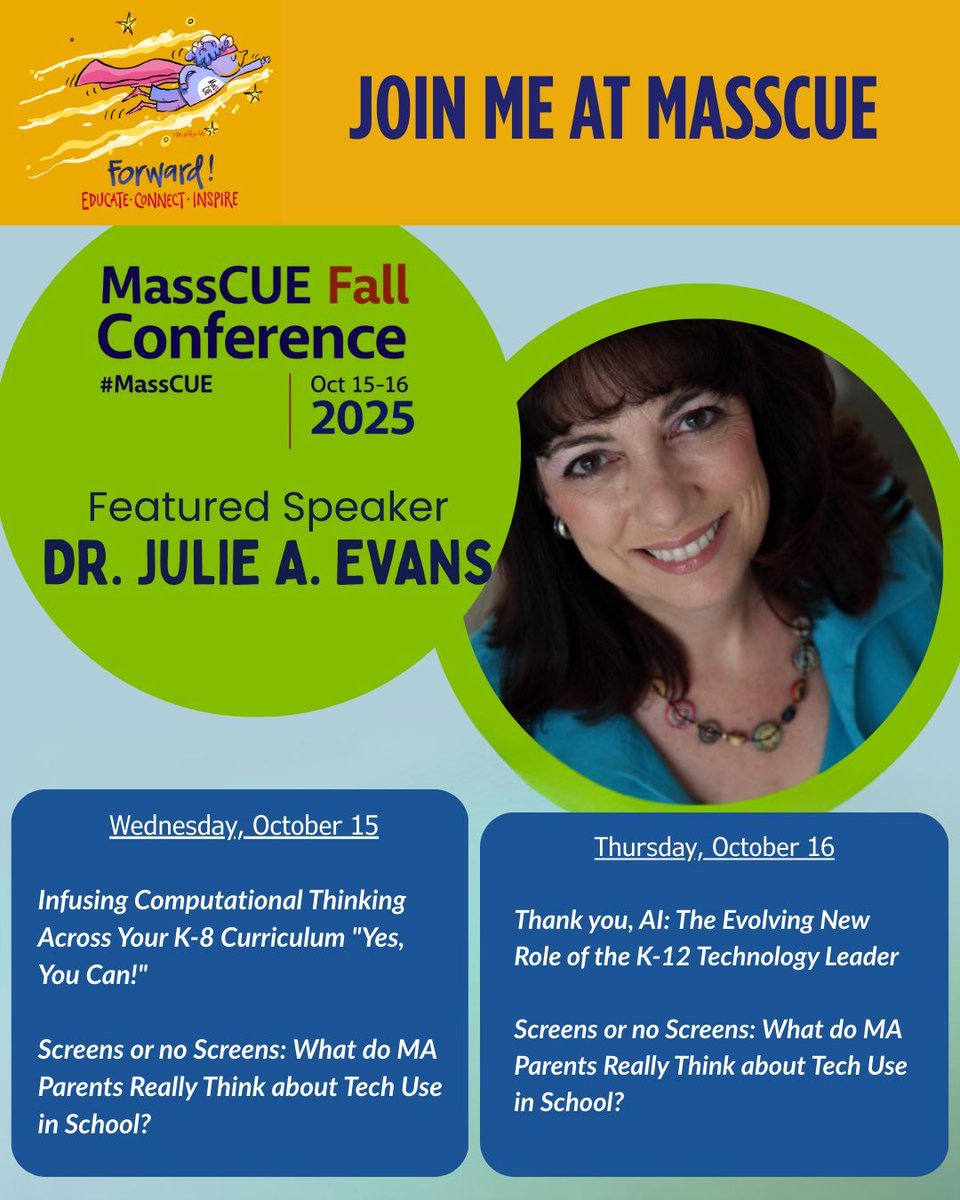 📣 Our very own Dr. Julie Evans will be presenting at the MassCUE Fall Conference 

📅 October 15–16, 2025

📍 Gillette Stadium, Foxborough, MA

👉 Learn more and register here: masscue.org/event/fallconf…

#MassCUE #FallConference #EdTech #K12Education #InnovationInEducation