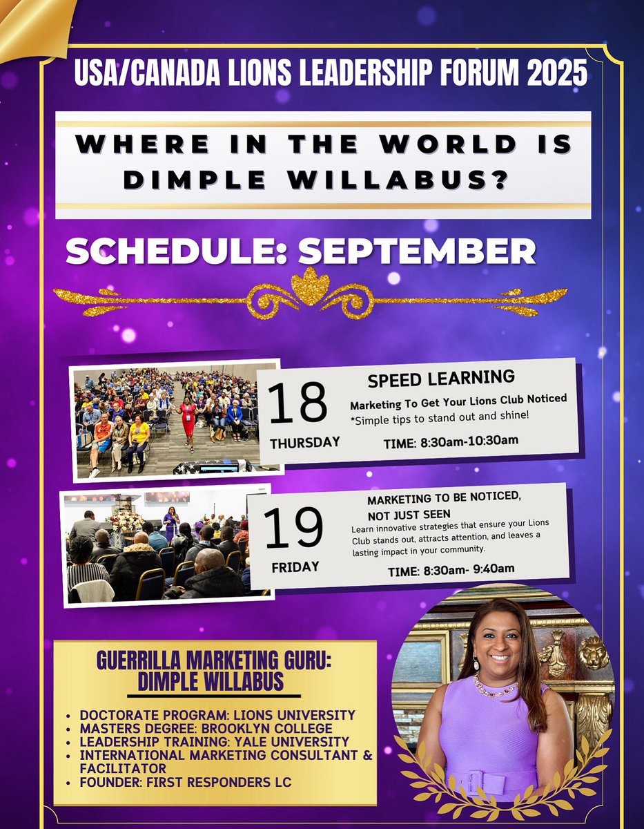 DimpleWillabus's tweet image. We are excited to share that President @dimplewillabus592 will be representing us at the USA/Canada Lions Leadership Forum in Atlantic City, where she will be facilitating two sessions.