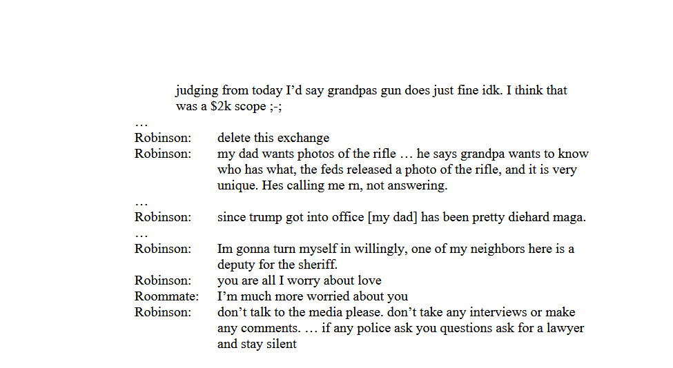Charlie Kirk shooting suspect Tyler Robinson's texts with roommate, from charging document