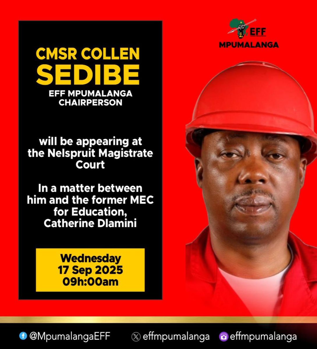 ♦️Happening Tomorrow♦️

Provincial Chairperson Commissar Collen Sedibe, will tomorrow on Wednesday 17th September 2025 appear at 9:00am, Nelspruit Magistrate’s Court in the matter between Him and former MEC for Education Catherine Dlamini. 

-It is clear that former MEC for