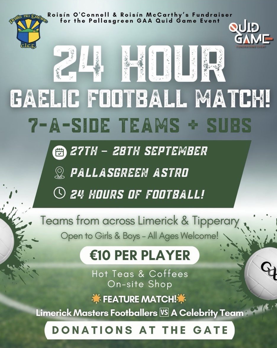 Cuimhnigh ar Luimneach : Limerick Supporters Group (@limerickfanpage) on Twitter photo Please support.
Limerick Gaelic Masters will play an all-star team and all for a brilliant cause.
Promises to be a great evening!
Anyone who fancies putting in a team please phone or WhatsApp Ger on 086-2148675 .
<a href="/PallasgreenGAA/">Pallasgreen GAA</a> <a href="/LimerickGaelic/">Limerick Gaelic Masters</a> Please support.
Limerick Gaelic Masters will play an all-star team and all for a brilliant cause.
Promises to be a great evening!
Anyone who fancies putting in a team please phone or WhatsApp Ger on 086-2148675 .
<a href="/PallasgreenGAA/">Pallasgreen GAA</a> <a href="/LimerickGaelic/">Limerick Gaelic Masters</a>