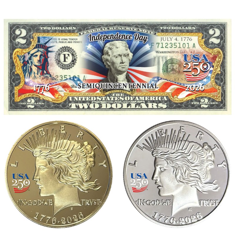 ProudPatriots1's tweet photo. These 3 collectibles honor America's upcoming 250th Anniversary. You can now own the Golden USA 250 coin, the Nickel Silver USA 250 coin, and the Independence Day $2 bill.

Order all 3 together for a discounted price. Each includes their own certificate of authenticity.