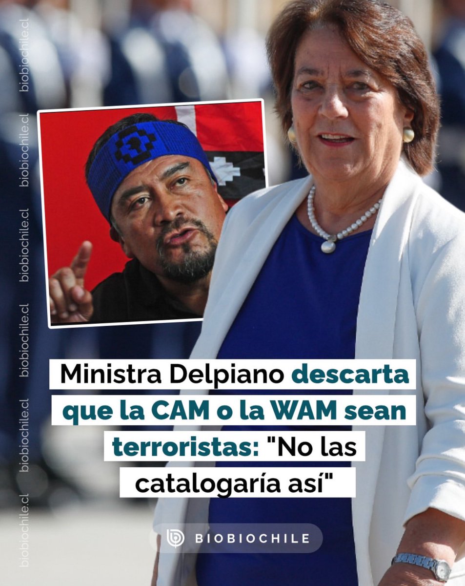 Inaceptable las declaraciones de la Ministra de Defensa #Delpiano blanqueando a movimientos terroristas y tratando de mostrarlos como simples delincuentes. Sus palabras validan jurídica y políticamente a la #CAM #WAM <a href="/biobio/">BioBioChile</a>