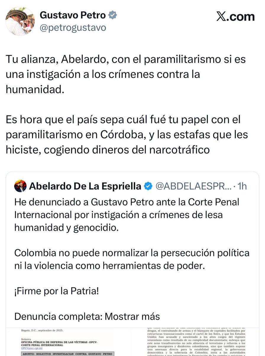 WRadioColombia's tweet photo. #NoticiaW | Presidente @petrogustavo señaló a Abelardo de la Espriella de tener una “alianza” con el paramilitarismo, luego de que el precandidato lo denunciara ante la Corte Penal Internacional por “instigación a crímenes de lesa humanidad”. https://t.co/aPLDvF4fDS