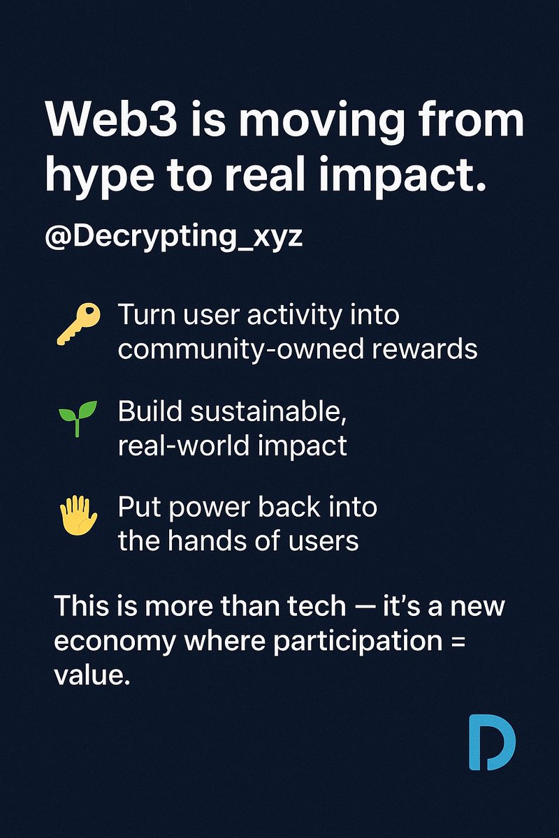 Undisputed Tech Web3 (@mayowasodiq22) on Twitter photo 🚀 Web3 is moving from hype to real impact.
At <a href="/Decrypting_xyz/">Decrypting</a>, we believe the future belongs to platforms that:
🔑 Turn user activity into community-owned rewards
🌱 Build sustainable, real-world impact
👐 Put power back into the hands of users 🚀 Web3 is moving from hype to real impact.
At <a href="/Decrypting_xyz/">Decrypting</a>, we believe the future belongs to platforms that:
🔑 Turn user activity into community-owned rewards
🌱 Build sustainable, real-world impact
👐 Put power back into the hands of users