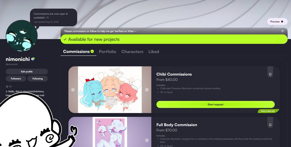 Commissions are now officially open on VGen! If you would like one, click on the link below for more information on what's currently available!~ 😊

 ------------------ 

vgen.co/nimonichi || #VGenComms