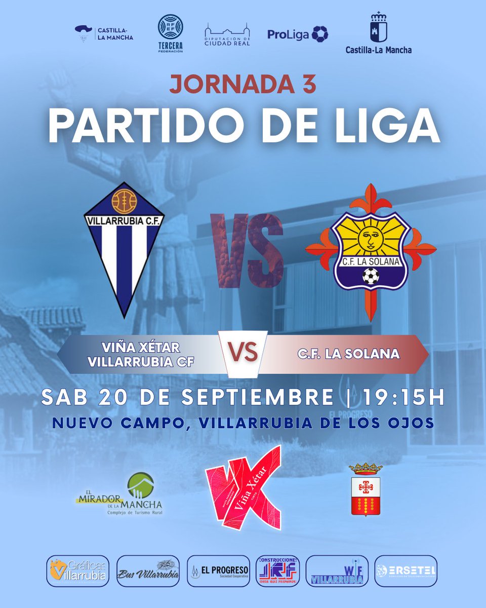 Fin de semana de 🔵⚪ fútbol en casa

📅 Vie 19 | 20:00h – Juvenil Preferente 🆚 <a href="/FC_ALMAGUER/">F.C. ALMAGUER</a> 
📅 Sáb 20 | 19:15h – Tercera RFEF 🆚 <a href="/Cflasolana/">CF La Solana</a> 

💙 La grada tiene que rugir.
👉 Hazte socio y vive el latido con nosotros.

#ViñaXétarVillarrubiaCF #SeguimosLatiendo