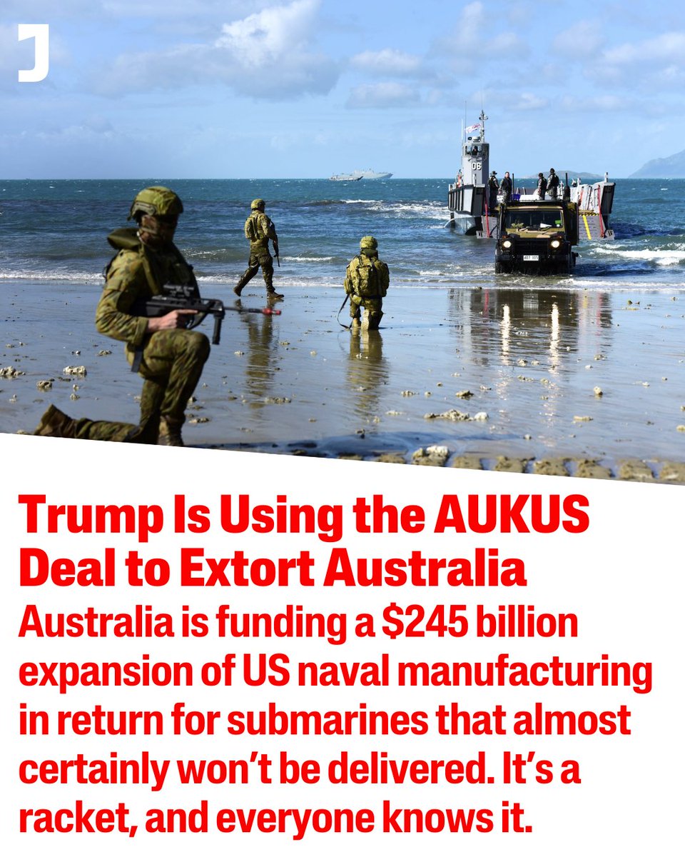 JacobinAust's tweet image. Doubts about the colossal AUKUS military deal are growing.

But Donald Trump’s protection-racket tactics and a subservient Australian political class mean it will probably survive:

jacobin.com/2025/09/trump-…