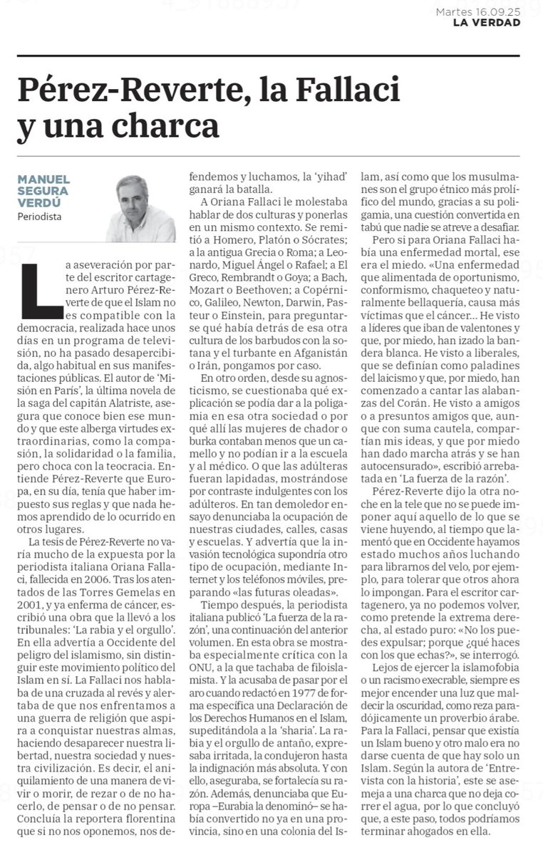 Este lunes se cumplieron 19 años de la muerte de la periodista italiana Oriana Fallaci.
Aquí os dejo mi artículo de hoy en el diario La Verdad, en el que hablo de ella y también de <a href="/perezreverte/">Arturo Pérez-Reverte</a>