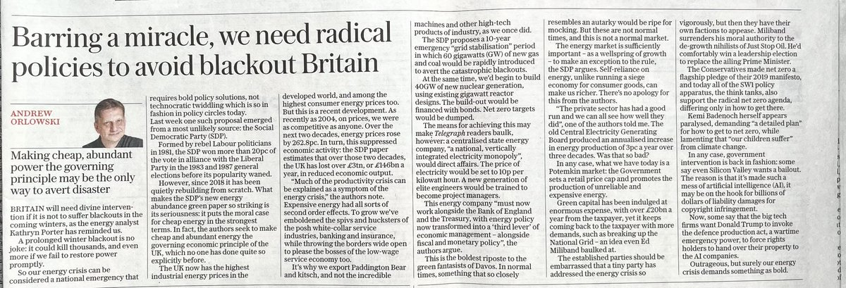 Picked up a print edition of the ⁦<a href="/Telegraph/">The Telegraph</a>⁩ today… and look what I find - the ⁦<a href="/SDPhq/">Social Democratic Party</a>⁩ plan to solve the energy crisis ‘Energy Abundance’ reported by ⁦<a href="/AndrewOrlowski/">Andrew Orlowski</a>⁩ 👏