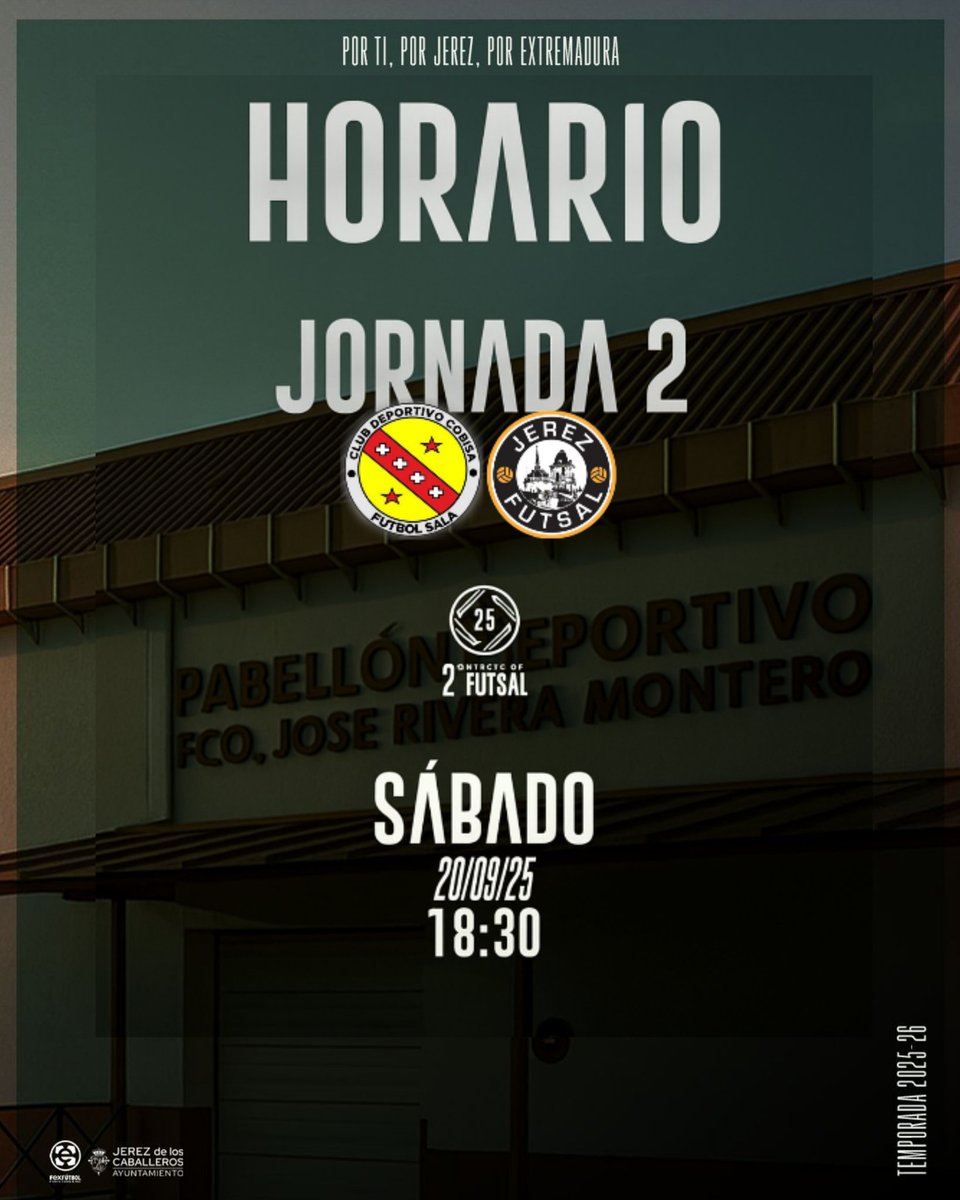 🏆 𝐒𝐞𝐠𝐮𝐧𝐝𝐚 𝐃𝐢𝐯𝐢𝐬𝐢𝐨́𝐧 𝐁
2️⃣ Jornada 
<a href="/cdecobisafs/">Cobisa Futsal</a>
🆚 
#JerezFutSal
🏟️ Pabellón Municipal Cobisa
📅 Sábado 20 Septiembre
⌚️ 18:30 horas

📲 #Im_back2ªB
💪 #TuEntregaMiPasion
🔗 #JerezFutSal💚