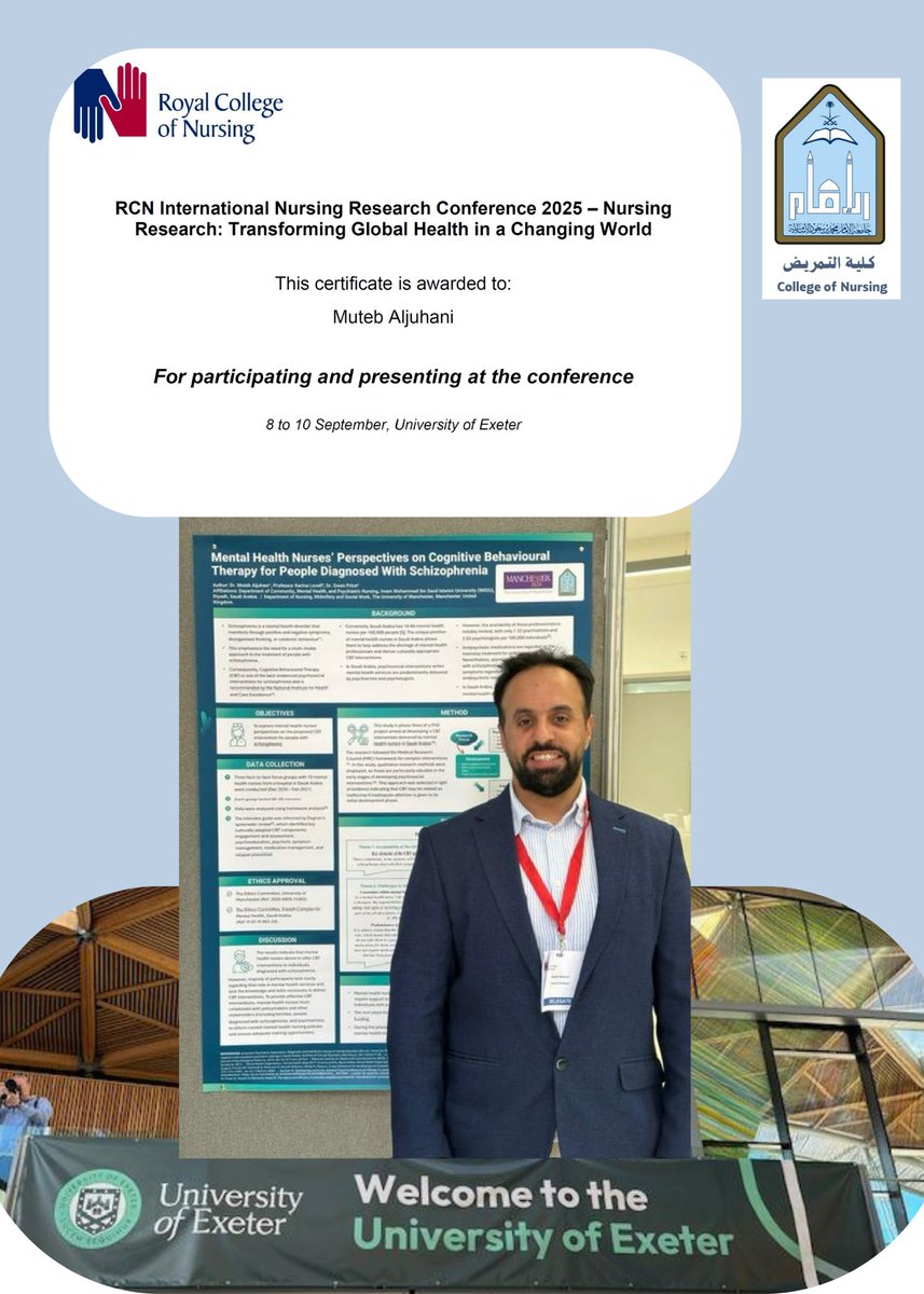 CoN_IMSIU's tweet photo. #خبر | يتقدم منسوبي #جامعة_الإمام ممثلة في #كلية_التمريض بخالص التهاني والتبريكات لسعادة د. متعب بن حسين الجهني عضو هيئة التدريس في الكلية، بمناسبة مشاركته ببحثٍ علمي متميز في مؤتمر دولي بعنوان:
 RCN International Nursing Research Conference 2025 – Nursing 
Research: Transforming Global Health in a Changing World
 والمنعقد بجامعة اكستر بالمملكةالمتحدة، متمنين له دوام التوفيق والنجاح