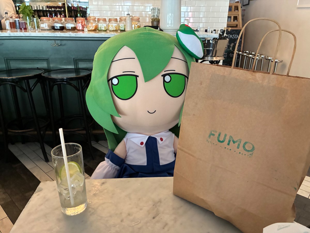Fumo date night with my Sanae Deka 💚 Dinner at the Italian Fumo restaurant: Eggplant Parmigiana, Chicken Milanese, and a Fumo mocktail to match her hair. We even had some leftovers to take home. #Touhou #Fumo #Deka