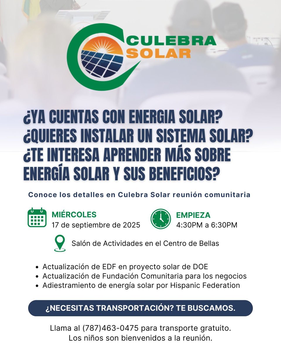🔆 ¡Comunidad de Culebra! 🔆

La FCPR te invita a una reunión sobre Culebra Solar, proyecto de energía solar para negocios locales.

📅 17 de sept. 2025
🕓 4:30 p.m.
📍 Salón de Actividades, Centro de Bellas Artes
¡Participa y sé parte del cambio!