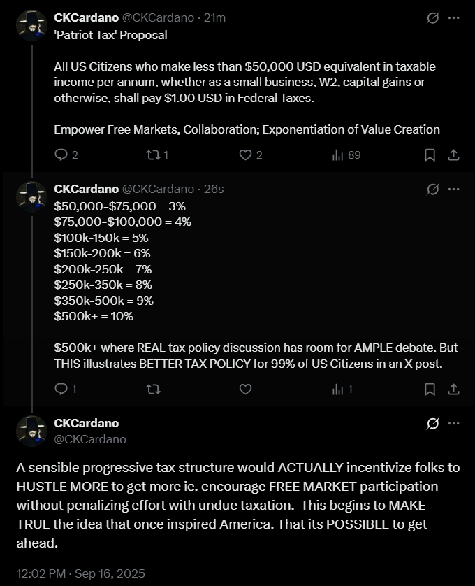 CKCardano's tweet photo. Empower The People!
Borderless, International & Free!
@Bitcoin Freedom!
@Litecoin Liberty!
@Cardano Constitution, Collaboration, Creation!
see:
#PatriotTax Proposal
#RenderUntoCaesar 3-Point Flat Tax
Trust your GUUT; there is a more SANE approach!
https://t.co/8iFhVUa4uG https://t.co/lWAHJFXOMz