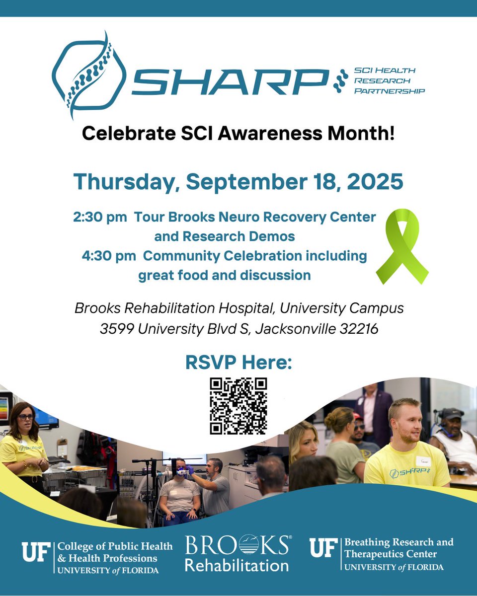 This Thursday, Sept 18! Join us, <a href="/BrooksRehab/">BrooksRehabilitation</a>, &amp; SHARP, for a day to connect over SCI research featuring clinical demos and community celebration. RSVP here: bit.ly/4grlOAt 👥👇