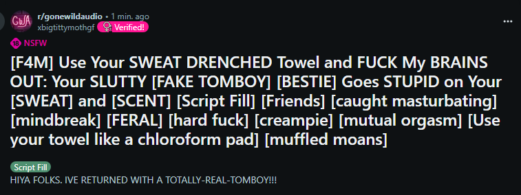 its time for a horny totally-tomboy who is OBSESSED with how your sweat smells...!!!

ENJOY NEW AUDIO FOLKS!!!

reddit.com/r/gonewildaudi…