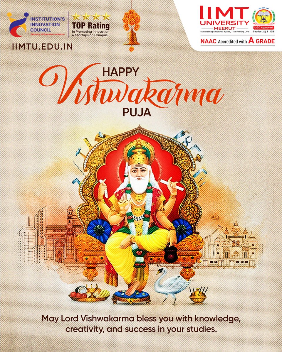 IIMT_U's tweet photo. ✨🙏 Honoring Lord Vishwakarma – the divine architect &amp; symbol of innovation and creativity.
May this day inspire knowledge, growth &amp; success for all. 🌟📚
Warm wishes from #IIMTUniversity 💐

#VishwakarmaPuja #IIMTU #BlessingsOfKnowledge #InnovationAndCreativity https://t.co/PmjQXk0G7p