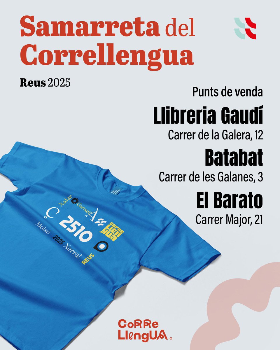 Vols participar activament al #CorrellenguaReus2025? Pots fer-ho de moltes maneres! 

Una d’elles és comprant la samarreta, ja que ens ajudes a donar visibilitat al Correllengua i col·labores en el seu finançament. Moltes gràcies!! 

#fescórrerlallengua #fescorrerelcatalà