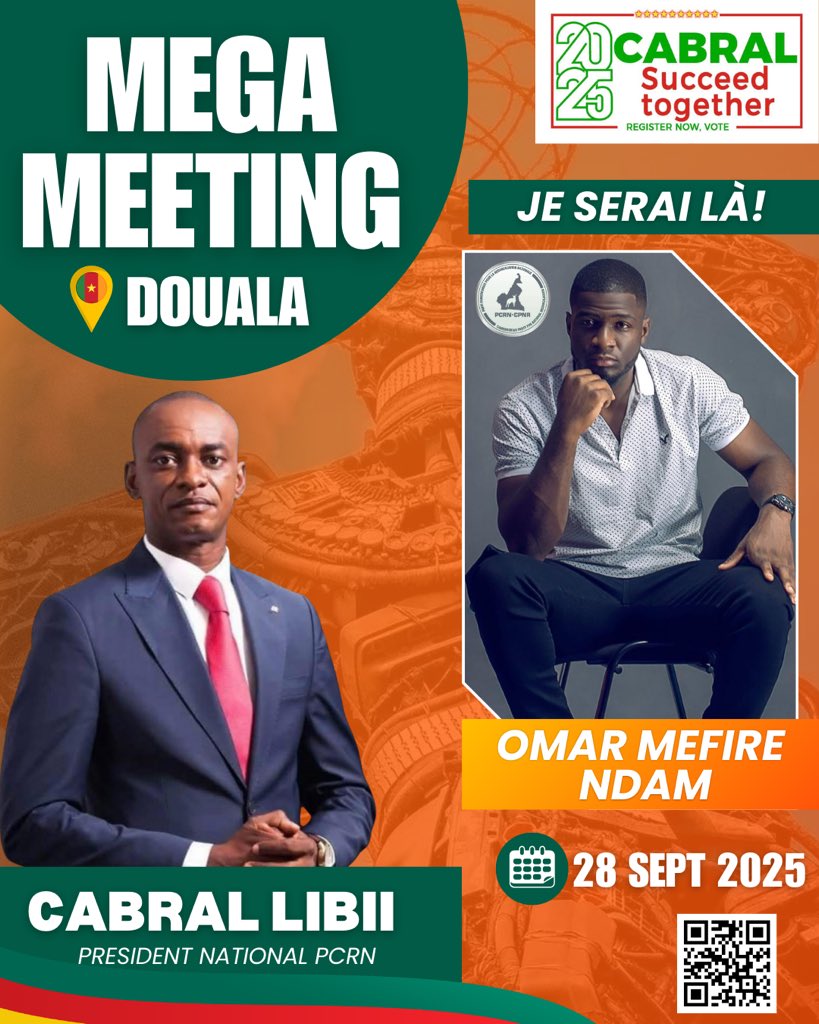 Retrouvons nous tous ce 28 septembre pour le mega meeting du président Cabral Libii dans la ville de Douala. 
C’est le moment!!

#Cabral2025 ✊🏾