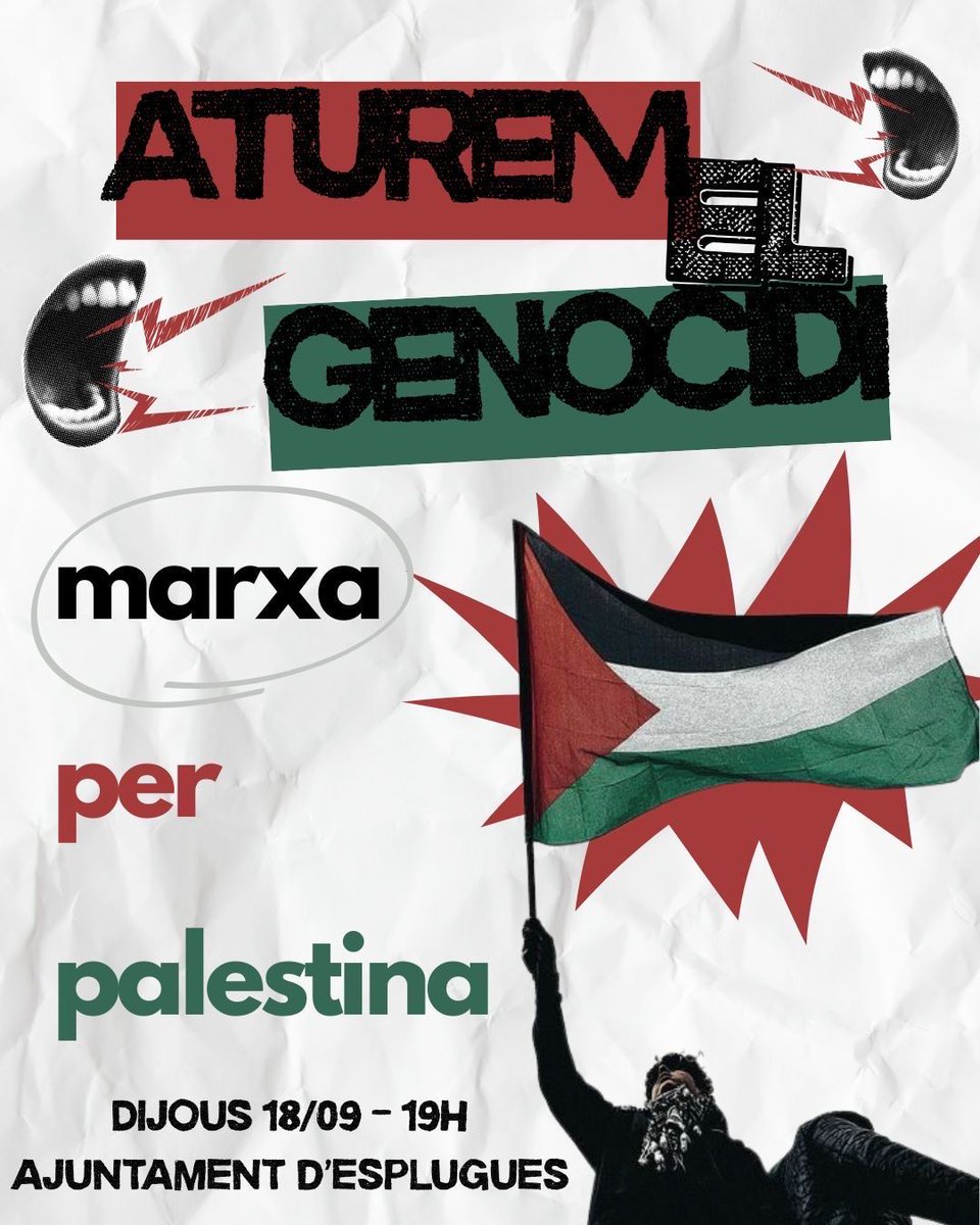 🇵🇸  MARXA PER PALESTINA 🍉

Omplim els carrers d'Esplugues contra el genocidi: 

📆 Dijous 18/9
🕒 19h
📍 Ajuntament d'Esplugues

Fins la llibertat del poble palestí.

 Boicot Israel!