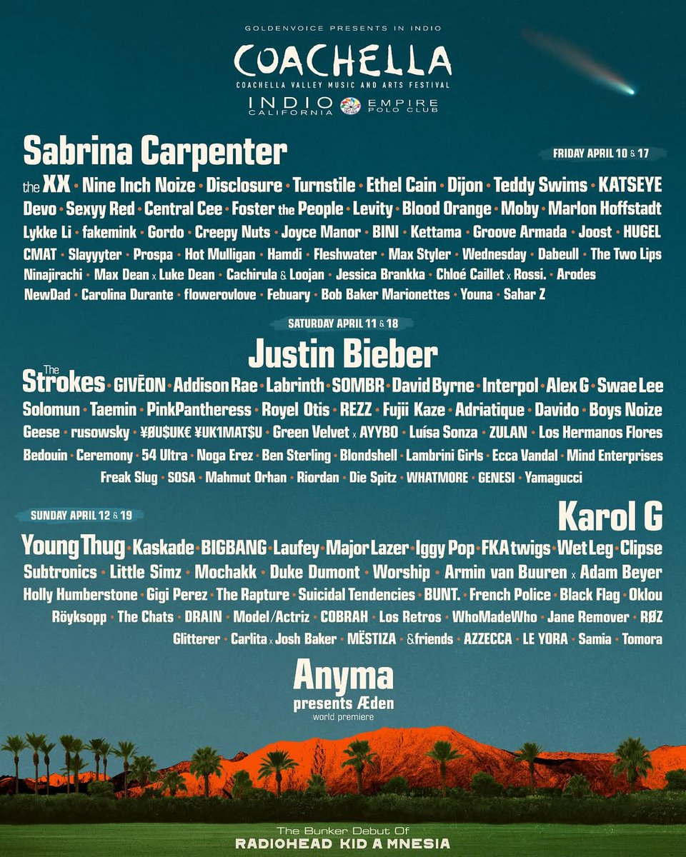 disclosure's tweet image. COACHELLAAA 🇺🇸 Bringing the best live show we've ever made to the field next year. See you there 🤝
@coachella