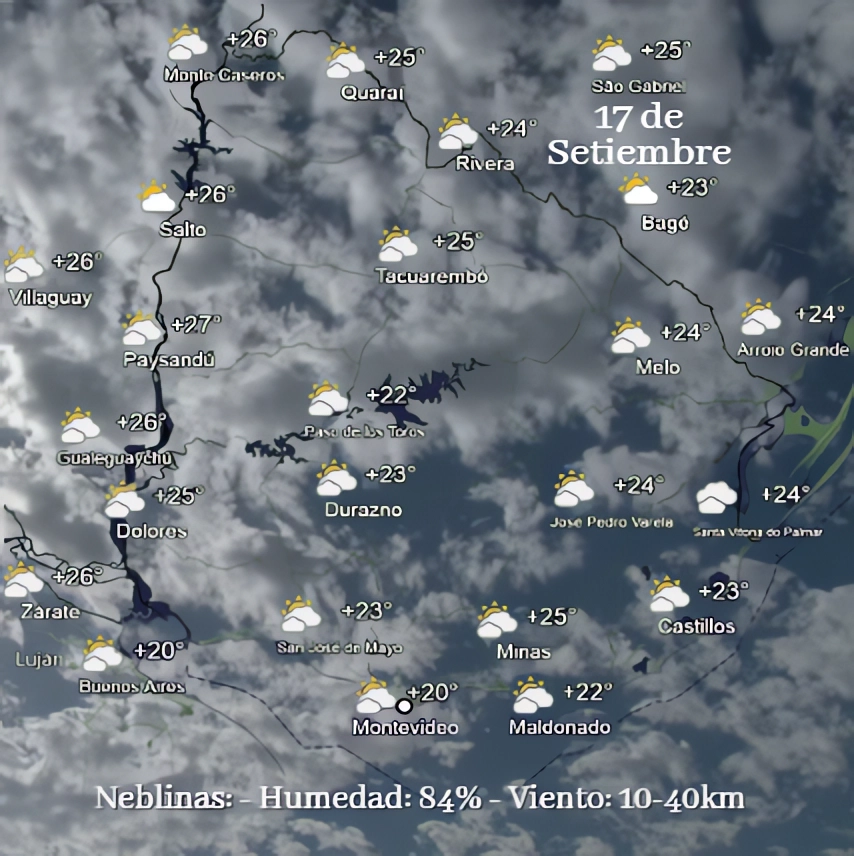 AficionadoMeteo's tweet photo. Miércoles 17 de Setiembre | Nieblas y neblinas. Fresco a cálido en la tarde. Con cielo claro, nuboso y nuboso. Viento suave y algo moderado. #Aviso - El Jueves 18 pasajes de chaparrones o lluvia ligera. Litoral al norte del río negro. (Mejoras) #InfoPrevio.! https://t.co/UvZNnjpZc3