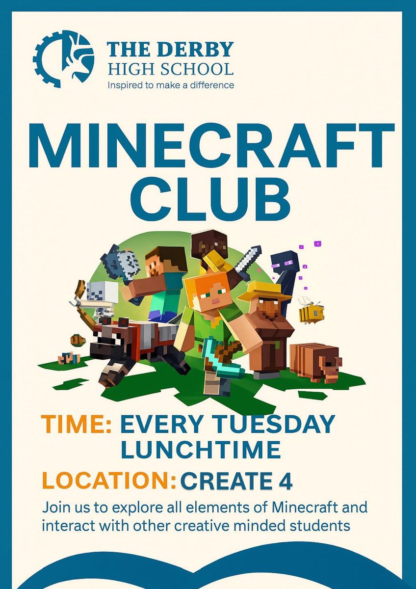 It was great to welcome so many new members at Minecraft Club today. Students are learning new skills through exploration and earning their Derby Diploma at the same time!

There’s always room for more though- join us every Tuesday at 12.25 in Create 4

<a href="/derbyhighbury/">The Derby High, Bury</a> #enrichment