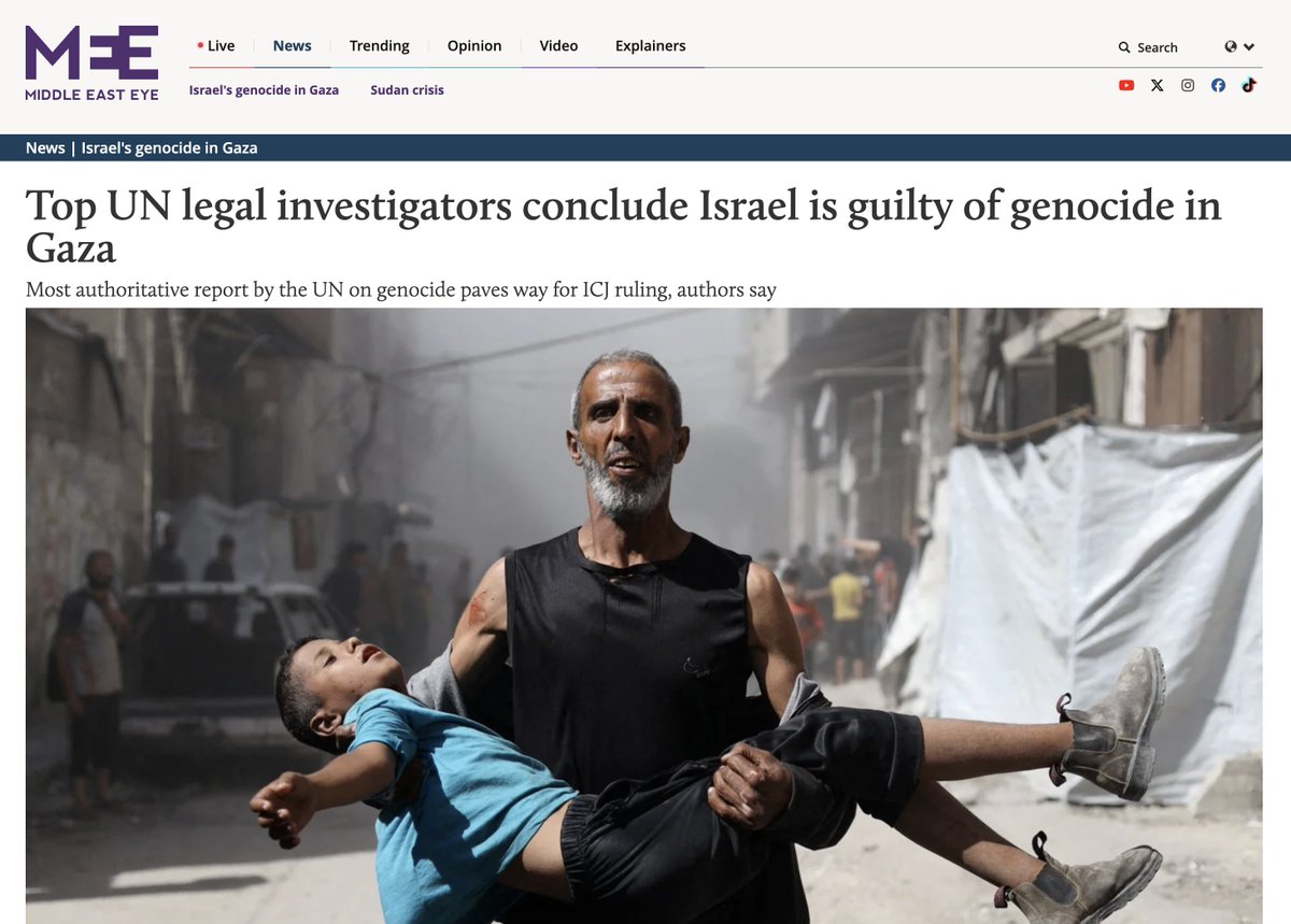 Dimitri Lascaris (@dimitrilascaris) on Twitter photo The UN’s top investigative body on Palestine and Israel ruled today that Israel is guilty of the crime of genocide in Gaza, in the most authoritative pronouncement to date.
The UN Commission found that Israel has committed four acts of genocide:
1) Killing Palestinians;
2) The UN’s top investigative body on Palestine and Israel ruled today that Israel is guilty of the crime of genocide in Gaza, in the most authoritative pronouncement to date.
The UN Commission found that Israel has committed four acts of genocide:
1) Killing Palestinians;
2)