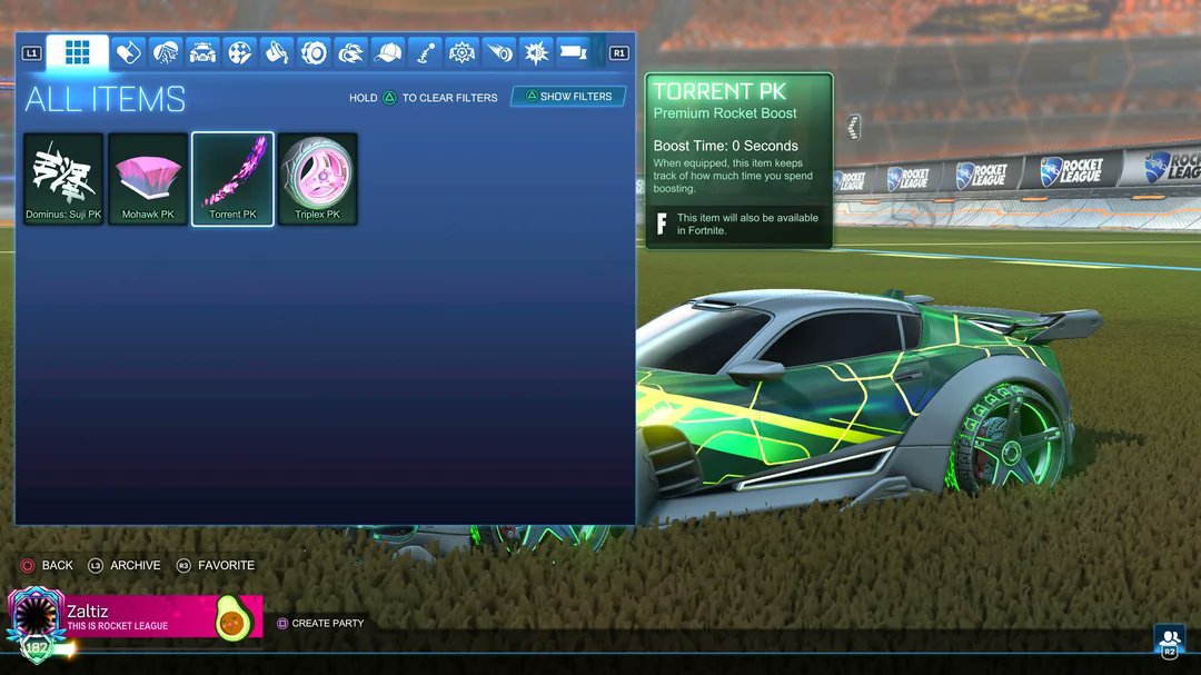 Zaltiz's tweet photo. @FortniteStatus @Mredu813 What about these items? Triplex PK Wheels and Torrent PK Boost are marked as cross-game in Rocket League yet don't appear in my Fortnite locker. (Last two images are my locker in alphabetical order, should be next to highlighted items) https://t.co/2TEHyhJkEE
