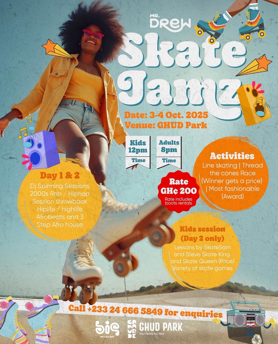 Outdoor skate party in Ghana 🎉🎉🎉Get ready for back to back fun on the 3rd &amp;4th October!! 
Come skate with <a href="/mrdrewofficial/">Mr Drew</a> bring a friends and vibe with us on skates🛼🛼
#skates #seleeyy #ghana