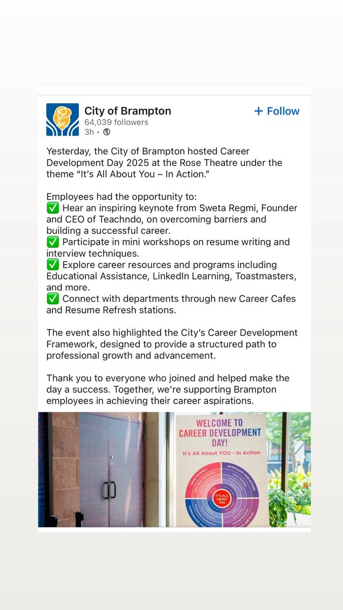 Honoured to be invited as a keynote speaker in the City of Brampton for their Career Development Event. <a href="/swetaregmi/">Sweta Regmi, CCS, CRS</a> Canadian journey started in Brampton, so it was special to come back and share story. 

#KeynoteSpeaker #CareerDevelopment