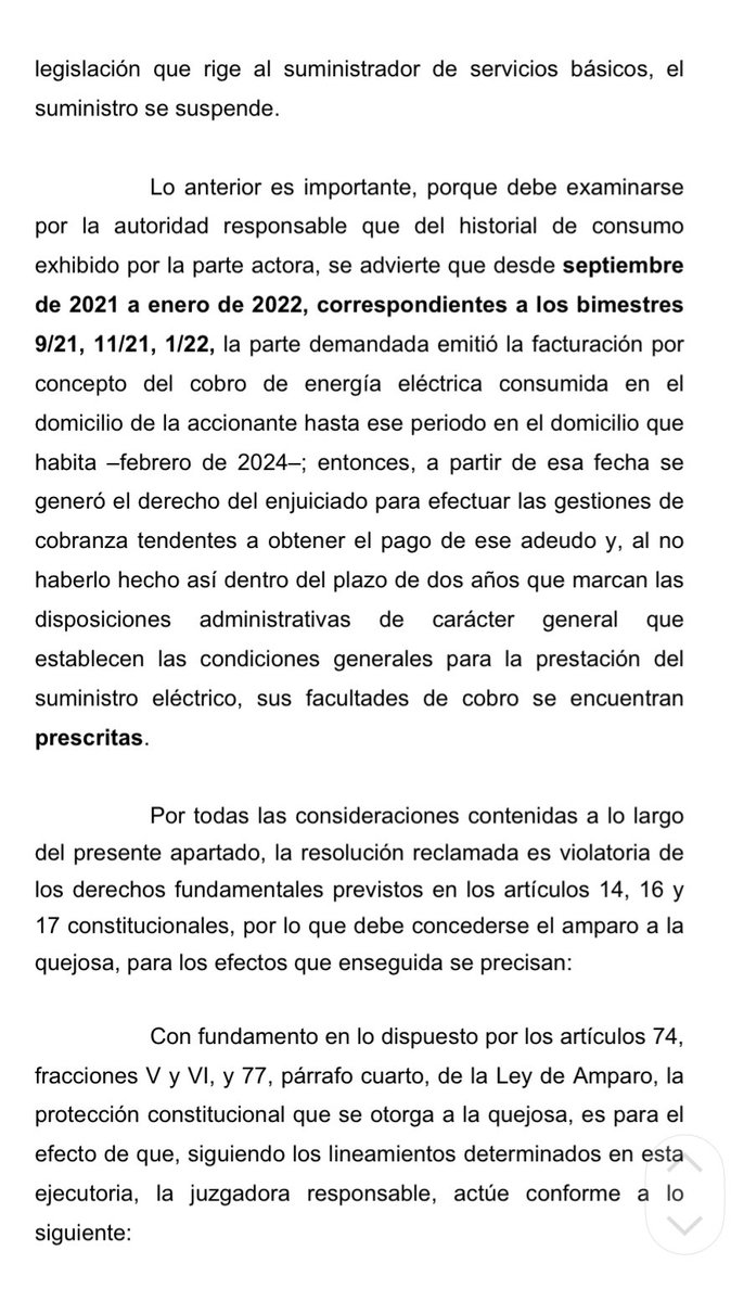 MtroNavarrete's tweet photo. Un Juez determinó que los adeudos con la CFE prescriben a los 10 años de conformidad con el Código de Comercio, dicha resolución la combatí en Amparo Directo y el Tribunal Colegiado revocó a la sentencia a mi favor señalando que el plazo de prescripción es de 2 años. https://t.co/98IfRpznZc