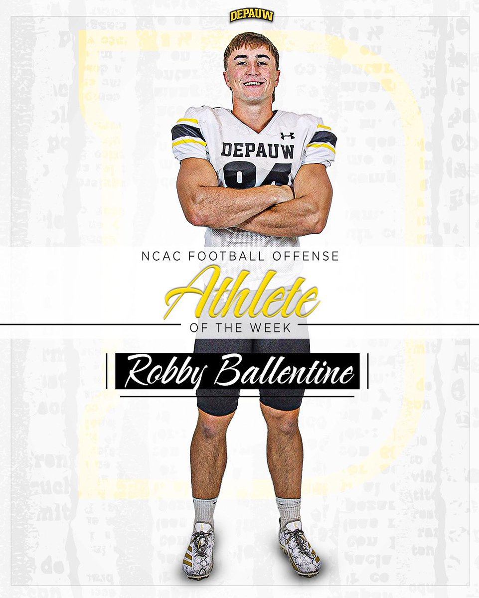 DePauwTigersFB's tweet photo. Sr WR Robby Ballentine helped guide the Tigers to a 35-14 win over Centre on Saturday. He caught 15 passes for 244 yards and recorded two touchdowns. This performance earned him NCAC Offensive Player of the Week honors. https://t.co/tjmsD0o6f2