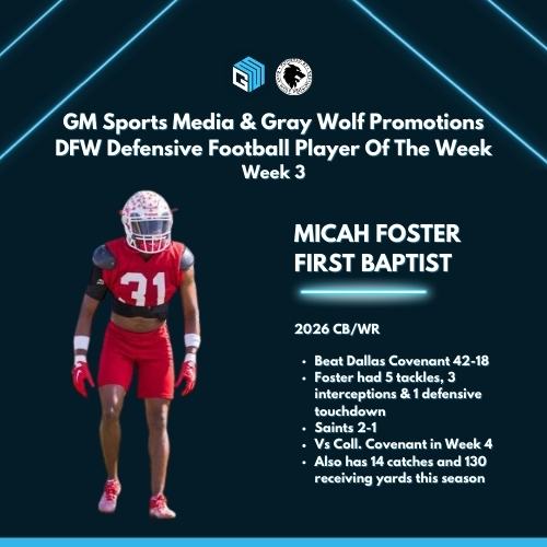 GM Sports Media &amp; Gray Wolf Promotions
DFW Defensive Football Player Of The Week
Week 3

MICAH FOSTER | FIRST BAPTIST

⭐️Beat Dallas Covenant 42-18
⭐️Foster had 5 tackles, 3 interceptions &amp; 1 defensive touchdown
⭐️Saints 2-1
⭐️Vs Coll. Covenant in Week 4
⭐️Also has 14 catches and