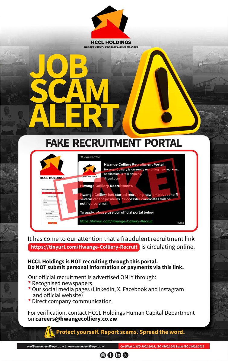 ⚠️ Job Scam Alert ⚠️
A fake recruitment portal using HCCL Holdings' name is circulating online. Please note:

❌ We are NOT recruiting via tinyurl.com/Hwange-Collier…

✅ Official jobs appear ONLY on our official platforms &amp; newspapers.

Protect yourself. Report scams!