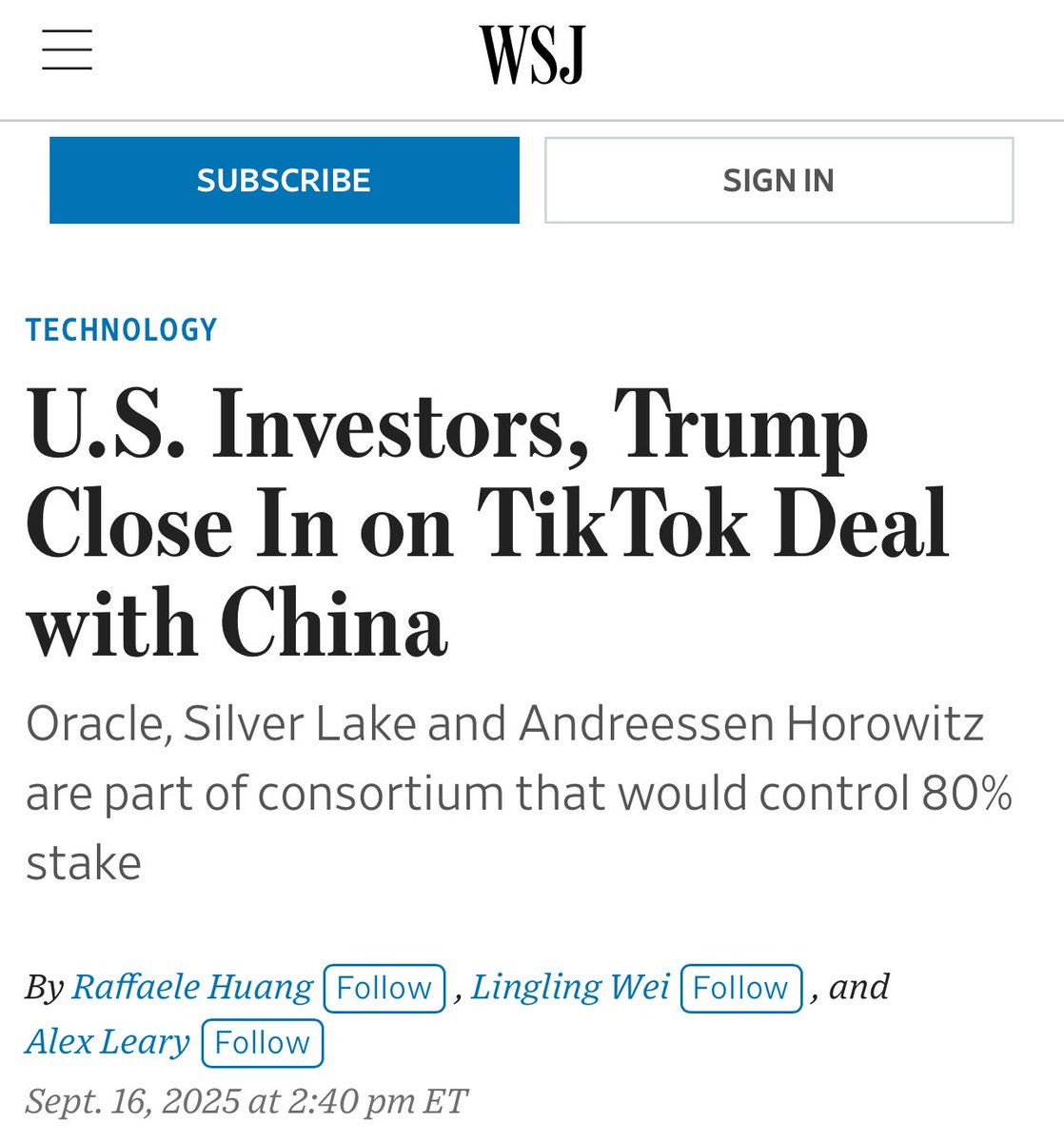 Breaking: The new American TikTok app will be controlled by an Oracle-led consortium that includes VC firm Silver Lake and Andreessen Horowitz.

Americans will own 80% of the shares; China 20%.

Board of directors will include a rep from the US government.

The data will be