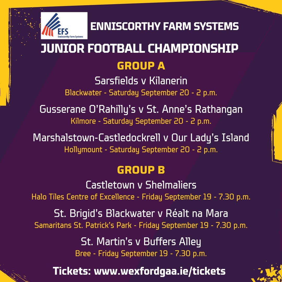 OfficialWexGAA's tweet image. All the details here of next weekend&apos;s Round 5 fixtures in the @EFSPaddy Junior &amp;amp; Junior &apos;A&apos; Football Championships.

Tickets must be bought online in advance via wexfordgaa.ie/tickets/. Free admission for U16s when accompanied by an adult, and for OAPs with valid Wexford GAA…
