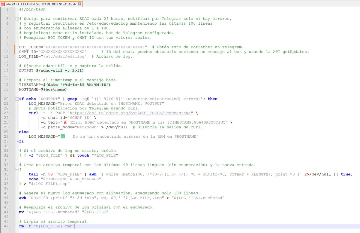 wisepds's tweet image. 🔥🔥🔥🔥Aquí tenéis el script completo v2.0 de EDAC utils para monitorizar errores ECC de memoria en #PROXMOX que te comunica a Telegram si hay alguno y si no va registrando en un log (Mantiene siempre 100 entradas y las rota) las entradas de cada día. Hay que darle permisos…