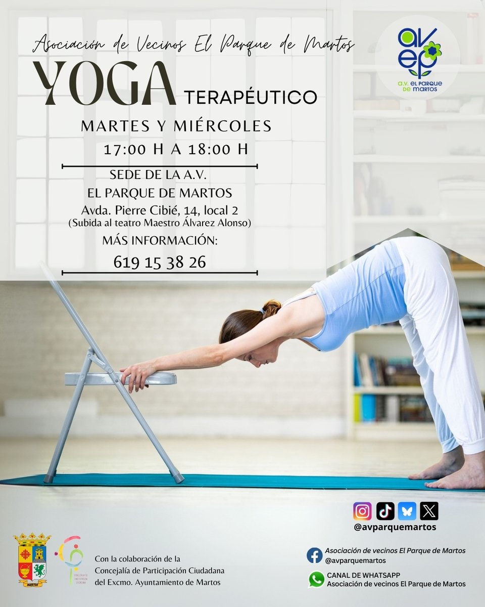 🧘‍♀️Comenzamos el martes 16 de septiembre.🧘‍♂️

Disfruta de un espacio de bienestar, movimiento consciente y armonía, abierto a socios/as y no socios/as, sin importar tu nivel o experiencia.

📲 + info e inscripciones: número que aparece en el cartel.

#Martos #AVParqueMartos