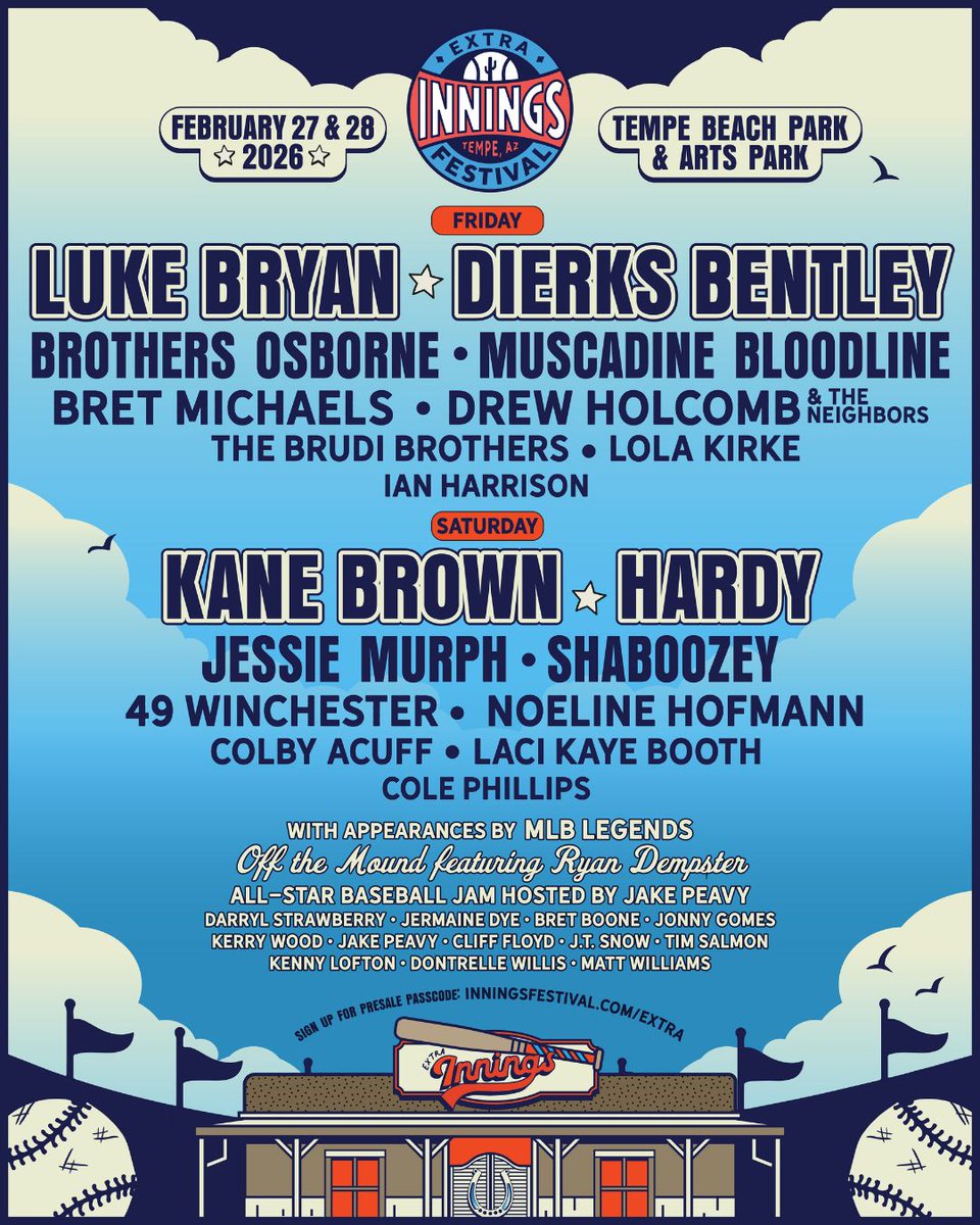 Check out your 2026 #ExtraInnings lineup full of country music's heavy-hitters ⚾️

Presale begins Thursday, 9/18 at 10am PT with access to the lowest-priced tickets. Sign up for the presale passcode: inningsfestival.com/extra
