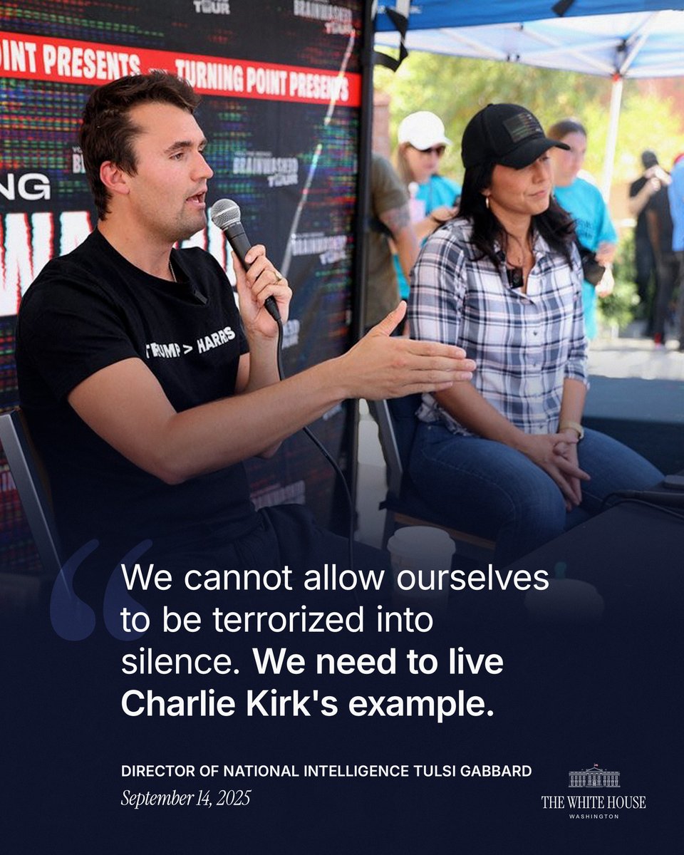 Powerful words from <a href="/DNIGabbard/">DNI Tulsi Gabbard</a>:

"We cannot allow ourselves to be terrorized into silence. We need to live Charlie Kirk's example."
