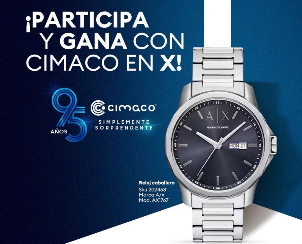 CimacoMexico's tweet photo. ¡Estamos de Aniversario y lo celebramos contigo! 
📸 ¿Qué puedes ganar?
Reloj Caballero marca A/x, modelo: AX1767
👉 Cómo participar:
1️⃣ Siguenos en Instagram y en X @Cimacomexico 
2️⃣ Dale RT a esta publicación X
3️⃣ Comenta en tu repost felicitando a Cimaco por su aniversario https://t.co/aU4ajtpGaX