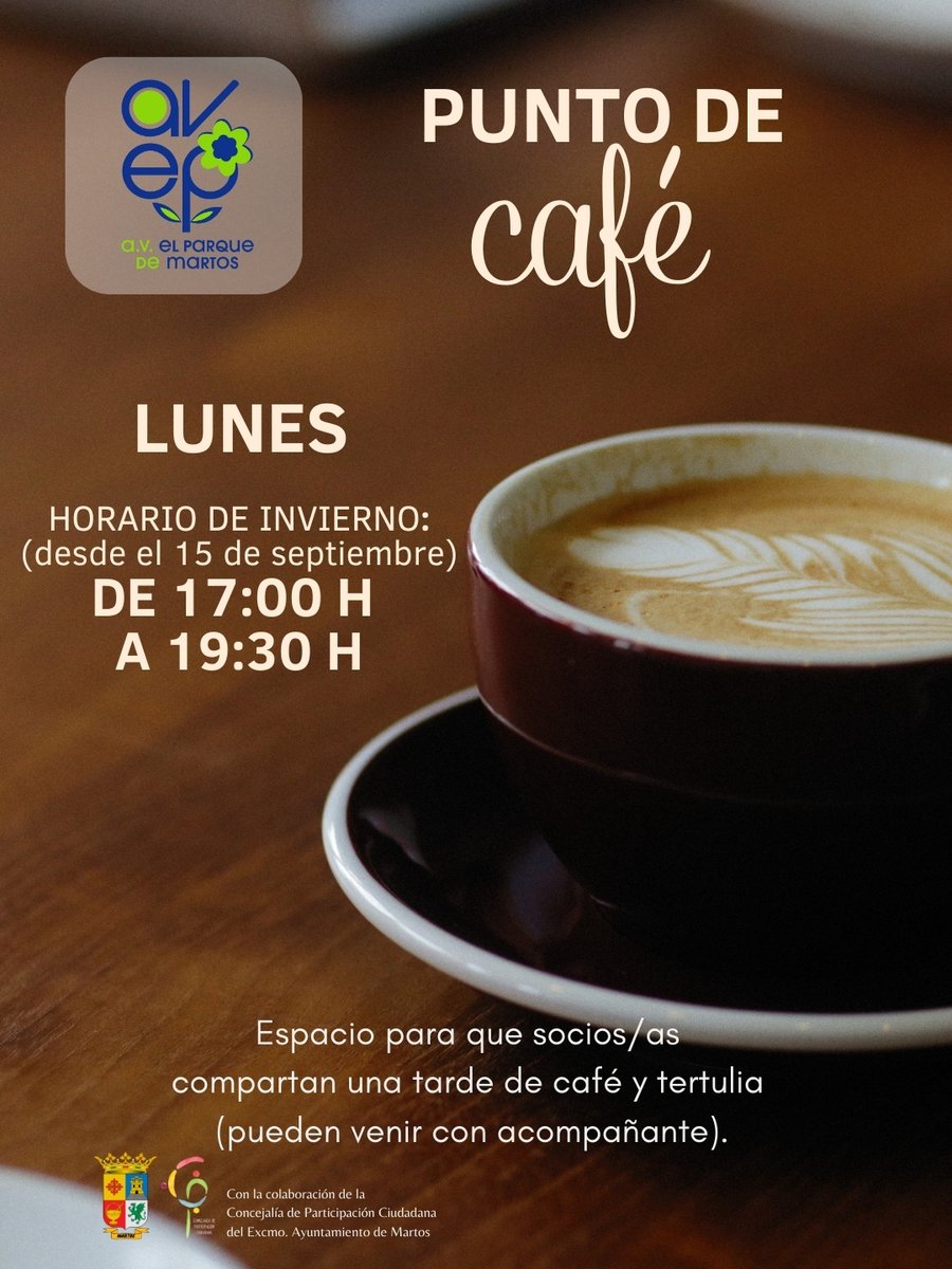 ☕ Ayer, 15 de septiembre, arrancamos por segundo año consecutivo este espacio pensado para nuestros socios y socias.
Un lugar para compartir una tarde de tertulia y café, todos los lunes de 17:00 a 19:30 h, en horario de invierno.

#AVElParquedeMartos #PuntoDeCafé #Martos