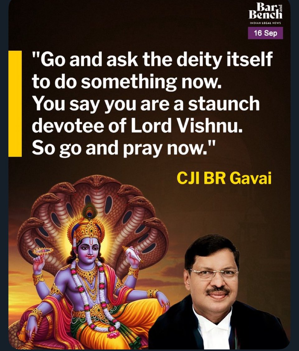 CJI’s remark – “Go ask the deity to do something… go and pray now” – is an insult to crores of Sanatanis. Faith isn’t for courtroom sarcasm. If this isn’t misconduct, what is? Why is BJP silent? 
#SanatanSamman 
#RespectFaith 
#Judiciary 
#SpeakUpBJP #ImpeachmentMotion