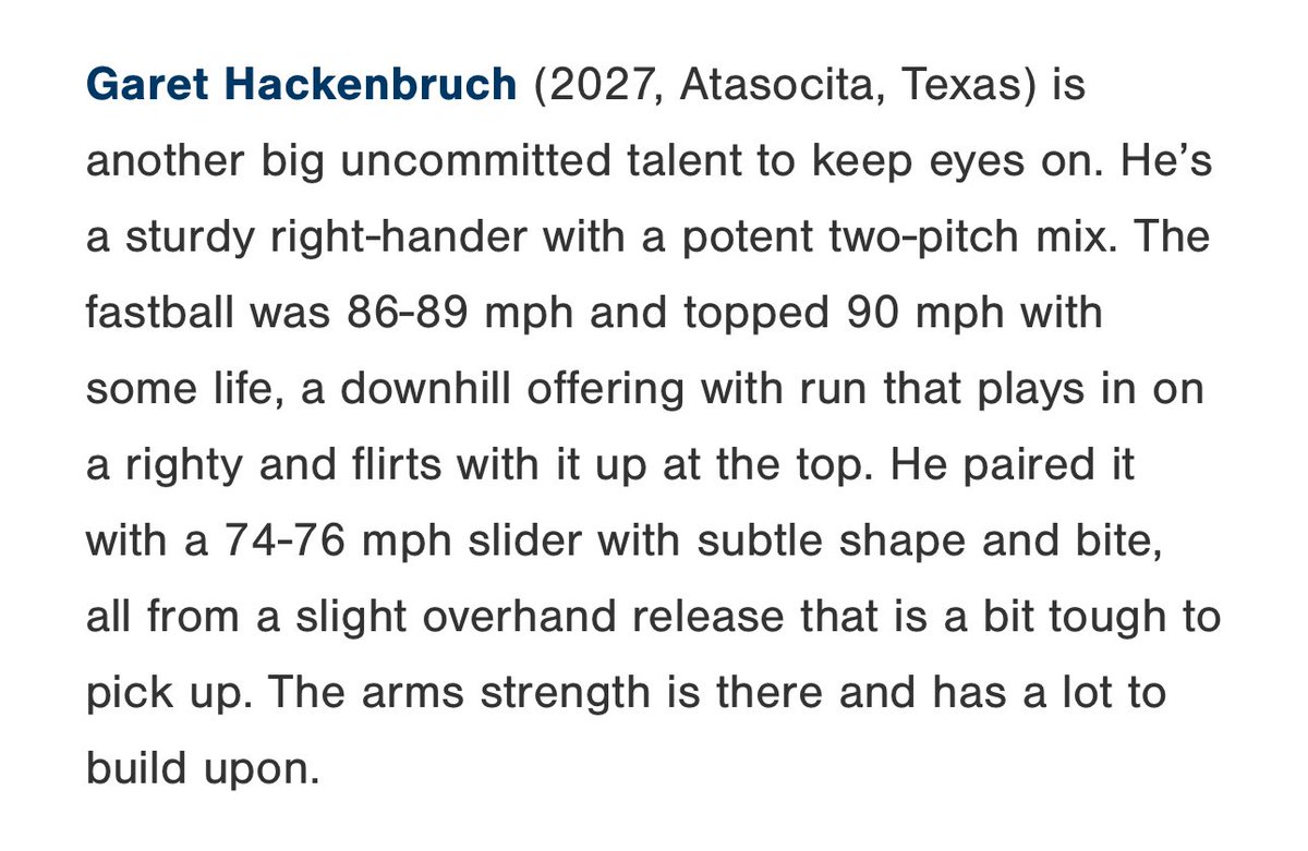 <a href="/PG_Scouting/">Perfect Game Scout</a> thank you for the nice write up.  <a href="/AHS_6aBaseball/">Atascocita Baseball</a> <a href="/JONeill_4/">Jeremy ONeill</a> <a href="/t_melv/">Thomas Melvin</a> <a href="/mtabor22/">Matt Tabor</a> <a href="/LionsDen_Htx/">The Lions Den</a> <a href="/BanditoBaseball/">Banditos Baseball</a> <a href="/Texas_PG/">Perfect Game Texas</a>
